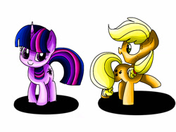 Size: 1024x768 | Tagged: safe, artist:andromedasparkz, derpibooru import, applejack, twilight sparkle, unicorn twilight, earth pony, unicorn, female, mare, missing accessory, simple background, white background