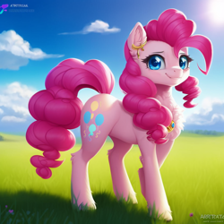 Size: 1024x1024 | Tagged: safe, derpibooru import, generator:purplesmart.ai, generator:stable diffusion, machine learning generated, pinkie pie, earth pony, pony, chest fluff, cute, ear fluff, ears, female, grass, grass field, jewelry, looking at you, smiling, smiling at you, solo, standing