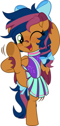 Size: 2402x5000 | Tagged: safe, artist:jhayarr23, derpibooru import, oc, oc only, oc:solar comet, pegasus, pony, bow, clothes, dress, freckles, hair bow, leg, one eye closed, simple background, solo, tail, tail bow, transparent background, wink