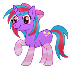 Size: 2087x2000 | Tagged: safe, artist:sweetielover, derpibooru import, oc, oc only, oc:cosmic spark, pony, unicorn, 2023 community collab, bow, clothes, derpibooru community collaboration, female, hair bow, high res, horn, simple background, smiling, socks, solo, standing, striped socks, transparent background, unicorn oc