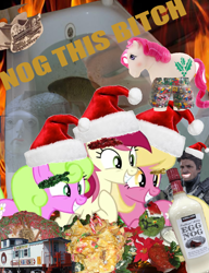 Size: 3000x3900 | Tagged: safe, derpibooru import, daisy, flower wishes, lily, lily valley, roseluck, fish, 1000 years in photoshop, barney, bathtub, belopa, christmas, clothes, comboose, eggnog, fire, food, hat, holiday, holly, lego, pants, santa hat, scout, text, the grinch, tinsel, train