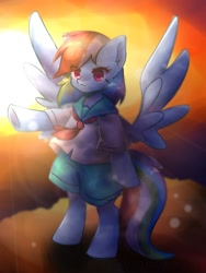 Size: 768x1024 | Tagged: safe, artist:namaenonaipony, derpibooru import, rainbow dash, pegasus, pony, bipedal, clothes, eye clipping through hair, female, mare, school uniform, solo, spread wings, wings