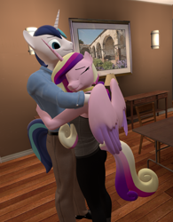 Size: 1684x2159 | Tagged: safe, artist:korizen, derpibooru import, princess cadance, shining armor, anthro, 3d, female, hug, husband and wife, male, married couple, source filmmaker, wholesome