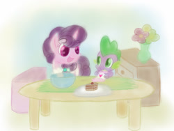 Size: 1024x768 | Tagged: safe, artist:andromedasparkz, derpibooru import, spike, sugar belle, dragon, pony, unicorn, apron, bowl, cake, clothes, cute, female, flower, food, looking at each other, looking at someone, male, mare, mixing bowl, spikabetes, spikelove, sugarbetes, table, vase