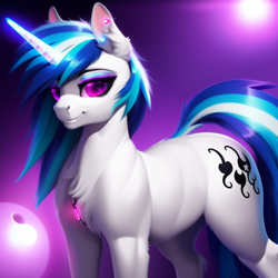 Size: 1024x1024 | Tagged: safe, derpibooru import, generator:purplesmart.ai, generator:stable diffusion, machine learning generated, dj pon-3, vinyl scratch, pony, unicorn, chest fluff, cute, female, fluffy mane, glowing, glowing horn, glowstick, horn, jewelry, looking at you, necklace, rave, smiling, solo, standing, wrong cutie mark