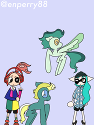 Size: 3000x4000 | Tagged: safe, artist:enperry88, derpibooru import, end zone, ocarina green, earth pony, pegasus, pony, collaboration, aloha shirt, cap, clothes, crossover, dadfoot sandals, devil horn (gesture), flip-flops, flying, friendship student, gesture, hat, headphones, inkling, inkling girl, looking at each other, looking at someone, octoling, octoling girl, rugby shirt, sandals, shirt, shoes, simple background, sky blue background, splatoon, splatoon 3, spread wings, wings