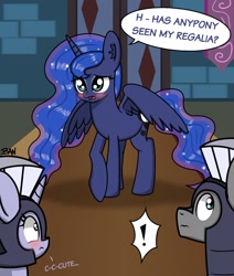 Size: 1628x1919 | Tagged: safe, artist:banquo0, derpibooru import, princess luna, silver sable, alicorn, pony, unicorn, armor, blushing, cute, dialogue, embarrassed, female, folded wings, guardsmare, lunabetes, male, mare, missing accessory, royal guard, royal guard armor, stallion, we don't normally wear clothes, wings