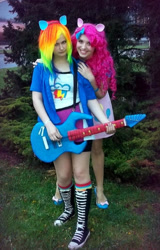 Size: 400x625 | Tagged: safe, artist:daseh, artist:pinkiekler, derpibooru import, pinkie pie, rainbow dash, human, equestria girls, clothes, cosplay, costume, electric guitar, guitar, irl, irl human, multicolored hair, musical instrument, photo, rainbow hair