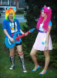 Size: 600x818 | Tagged: safe, artist:daseh, artist:pinkiekler, derpibooru import, pinkie pie, rainbow dash, human, equestria girls, clothes, cosplay, costume, electric guitar, guitar, irl, irl human, multicolored hair, musical instrument, photo, rainbow hair