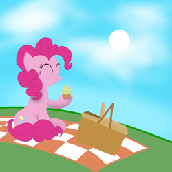 Size: 1280x1280 | Tagged: safe, derpibooru import, pinkie pie, earth pony, pony, basket, cloud, grass, grass field, hoof hold, picnic, picnic basket, picnic blanket, sky, solo, sun