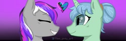 Size: 1080x360 | Tagged: safe, artist:foxx_grey_art, derpibooru import, oc, oc only, oc:star flower, pegasus, pony, unicorn, commission, duo, duo female, female, gradient background, heart, horn, mare, pegasus oc, simple background, smiling, unicorn oc, ych example, ych result, your character here