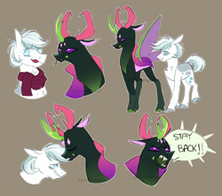 Size: 1280x1134 | Tagged: safe, artist:primrosepaper, derpibooru import, double diamond, pharynx, changedling, changeling, earth pony, pony, angry, clothes, crack shipping, doublepharynx, duo, fangs, forked tongue, gay, male, prince pharynx, scarf, shipping, sweat, tongue, tongue out