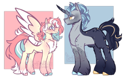 Size: 3016x1870 | Tagged: safe, artist:sunfloweret, derpibooru import, oc, oc only, pegasus, pony, unicorn, chest fluff, duo, female, glasses, male, mare, simple background, stallion, transparent background