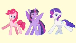 Size: 2048x1152 | Tagged: safe, artist:hosikawa, derpibooru import, pinkie pie, rarity, twilight sparkle, twilight sparkle (alicorn), alicorn, earth pony, pony, unicorn, female, horn, mare, open mouth, simple background, spread wings, trio, trio female, wings, yellow background