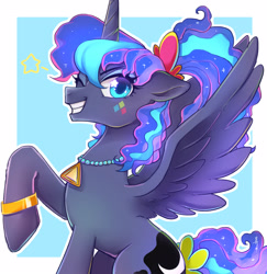 Size: 2100x2160 | Tagged: safe, artist:hosikawa, derpibooru import, princess luna, alicorn, pony, 80s princess luna, abstract background, female, horn, jewelry, looking at you, mare, necklace, one eye closed, raised hoof, raised leg, simple background, sitting, solo, spread wings, stars, white background, wings, wink, winking at you