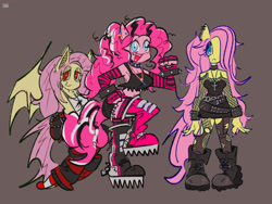 Size: 2048x1536 | Tagged: safe, artist:pekodayz, derpibooru import, fluttershy, pinkie pie, anthro, bat pony, bat ponified, clothes, emo, female, fishnet stockings, flutterbat, goth, race swap, red eyes, simple background, smiling, trio