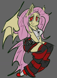 Size: 1062x1461 | Tagged: safe, artist:pekodayz, derpibooru import, fluttershy, anthro, bat pony, bat ponified, female, flutterbat, race swap, red eyes, simple background, smiling, solo