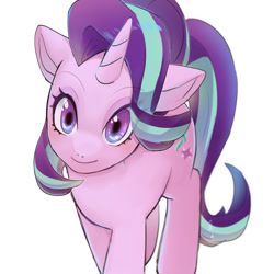Size: 2000x2000 | Tagged: safe, artist:hosikawa, derpibooru import, starlight glimmer, pony, unicorn, eye clipping through hair, eyebrows, eyebrows visible through hair, female, high res, horn, looking at you, mare, purple eyes, simple background, smiling, smiling at you, solo, white background, wrong eye color