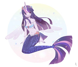 Size: 2000x1728 | Tagged: safe, artist:hosikawa, derpibooru import, twilight sparkle, mermaid, abstract background, bare shoulders, female, flower, flower in hair, horn, jewelry, mermaidized, necklace, pearl, pearl necklace, simple background, sleeveless, solo, species swap