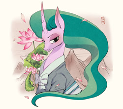 Size: 2536x2228 | Tagged: safe, artist:hosikawa, derpibooru import, mistmane, pony, unicorn, abstract background, bust, clothes, female, flower, horn, japanese, lotus (flower), mare, mountain, solo