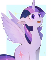 Size: 2200x2600 | Tagged: safe, artist:hosikawa, derpibooru import, twilight sparkle, twilight sparkle (alicorn), alicorn, pony, abstract background, ears, female, floppy ears, horn, light blue background, looking to side, looking to the right, looking up, mare, open mouth, open smile, simple background, sitting, smiling, solo, sparkles, spread wings, white background, white outline, wings