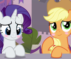 Size: 1198x1000 | Tagged: safe, derpibooru import, edit, edited screencap, screencap, applejack, rarity, earth pony, unicorn, memories and more, the last problem, spoiler:memories and more, applejack's hat, blushing, clothes, cowboy hat, duo, hat, looking at something, looking up, smiling, table