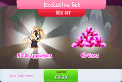 Size: 1263x852 | Tagged: safe, derpibooru import, applejack, kirin, nirik, applejack's hat, bundle, clothes, costs real money, cowboy hat, english, fangs, female, fire, gameloft, gem, hat, kirin applejack, kirin-ified, mane of fire, mobile game, my little pony: magic princess, numbers, official, sale, solo, solo focus, species swap, text