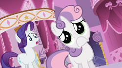 Size: 1920x1080 | Tagged: safe, derpibooru import, screencap, rarity, sweetie belle, pony, unicorn, season 3, sleepless in ponyville, 1080p, cute, daaaaaaaaaaaw, diasweetes, dilated pupils, duo, duo female, female, filly, foal, frown, mare, open mouth, puppy dog eyes, sad face