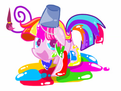 Size: 1024x768 | Tagged: safe, artist:andromedasparkz, derpibooru import, toola roola, earth pony, brush, bucket, female, mare, paint, solo