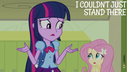 Size: 1920x1080 | Tagged: safe, derpibooru import, edit, edited screencap, editor:quoterific, screencap, fluttershy, twilight sparkle, equestria girls, equestria girls (movie)