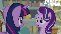 Size: 1280x720 | Tagged: safe, derpibooru import, edit, edited screencap, editor:quoterific, screencap, starlight glimmer, twilight sparkle, twilight sparkle (alicorn), alicorn, pony, unicorn, a horse shoe-in, duo, duo female, female