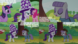 Size: 4400x2475 | Tagged: safe, derpibooru import, edit, edited screencap, editor:quoterific, screencap, maud pie, pinkie pie, rarity, twilight sparkle, twilight sparkle (alicorn), alicorn, earth pony, pony, unicorn, maud pie (episode), grass, grass field, hat, picnic, picnic blanket, tree