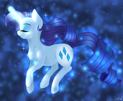 Size: 1948x1600 | Tagged: safe, artist:lostsheep, derpibooru import, rarity, pony, unicorn, eyes closed, female, floating, glowing, glowing horn, horn, magic, magic aura, mare, solo, sparkles, telekinesis