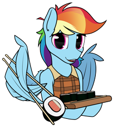 Size: 1800x2000 | Tagged: safe, artist:dacaoo, derpibooru import, rainbow dash, pegasus, pony, chopsticks, clothes, female, food, jacket, looking at you, mare, simple background, solo, sushi, transparent background, wing hands, wing hold, wings