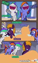 Size: 1920x3168 | Tagged: safe, artist:alexdti, derpibooru import, oc, oc only, oc:purple creativity, oc:star logic, pegasus, pony, unicorn, comic:quest for friendship, bed mane, book, bookshelf, clothes, colt, dress, excited, father and child, female, filly, foal, glasses, horn, male, mother and child, parent and child, pegasus oc, photo, pillow, siblings, twins, unicorn oc, wedding dress, wings