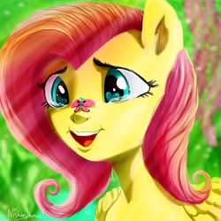 Size: 3000x3000 | Tagged: safe, artist:nishensamuelofficial, derpibooru import, fluttershy, butterfly, pegasus, pony, butterfly on nose, crying, female, insect on nose, open mouth, open smile, smiling, solo, tears of joy