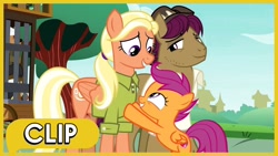 Size: 1280x720 | Tagged: safe, derpibooru import, edit, edited screencap, screencap, mane allgood, scootaloo, snap shutter, earth pony, pegasus, pony, the last crusade, cage, clothes, cuckolding in the description, female, filly, foal, male, mare, parent, shirt, stallion