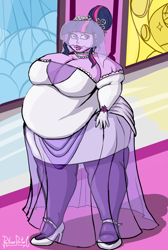 Size: 800x1187 | Tagged: safe, artist:professordoctorc, derpibooru import, twilight sparkle, human, alternate hairstyle, bbw, belly, big belly, big breasts, breasts, bride, cleavage, clothes, dress, fat, fat boobs, female, gloves, hair bun, headlight sparkle, high heels, huge breasts, humanized, jewelry, necklace, obese, shoes, ssbbw, stockings, thigh highs, twilard sparkle, veil, wedding dress