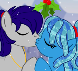 Size: 3289x3000 | Tagged: safe, artist:jennieoo, derpibooru import, oc, oc:maverick, oc:ocean soul, earth pony, pegasus, pony, commission, couple, duo, holding hooves, holly, holly mistaken for mistletoe, kiss on the lips, kissing, ponytail, romantic, show accurate, simple background, snow, snowfall, vector, ych example, ych result, your character here