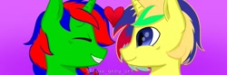 Size: 1080x360 | Tagged: safe, artist:foxx_grey_art, derpibooru import, oc, oc only, oc:gojipie, pony, unicorn, blue eyes, commission, duo, green coat, happy, heart, horn, looking at each other, looking at someone, pink background, simple background, smiling, unicorn oc, ych result, yellow coat, your character here