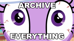 Size: 1920x1080 | Tagged: safe, derpibooru import, edit, edited screencap, screencap, twilight sparkle, it's about time, bloodshot eyes, caption, image macro, meme, monitor everything, text