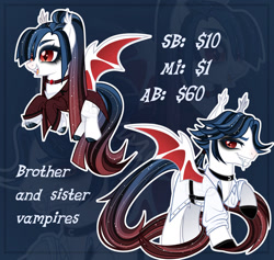 Size: 1280x1212 | Tagged: safe, artist:emperor-anri, derpibooru import, oc, oc only, bat pony, pony, undead, vampire, bat pony oc, bat wings, chains, choker, clothes, cute, cute little fangs, ear fluff, ears, ethereal mane, eyeshadow, fangs, female, flying, gradient hair, gradient mane, gradient tail, grin, hoof polish, long tail, makeup, male, mare, ponytail, raised hoof, raised leg, red eyes, siblings, slit eyes, smiling, stallion, standing, starry mane, straight hair, tail, wings, zoom layer