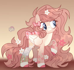 Size: 1280x1221 | Tagged: safe, artist:emperor-anri, derpibooru import, oc, oc only, pegasus, pony, blue eyes, bow, colored hooves, eyelashes, female, flower, flower in hair, folded wings, freckles, hair bow, long hair, long mane, looking sideways, mare, pastern (coat marking), pegasus oc, raised hoof, raised leg, tail, tail bow, wings