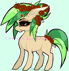 Size: 1116x1148 | Tagged: safe, artist:conflei, derpibooru import, oc, oc only, earth pony, pony, ear fluff, ears, earth pony oc, eyelashes, flower, flower in hair, green background, makeup, rose, simple background, solo