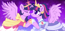 Size: 1793x862 | Tagged: safe, artist:memengla, derpibooru import, twilight sparkle, twilight sparkle (alicorn), alicorn, pony, magical mystery cure, the last problem, big crown thingy, clothes, coronation dress, dress, element of magic, eyes closed, female, holding hooves, jewelry, looking at someone, mare, regalia, second coronation dress, self paradox, self ponidox, smiling
