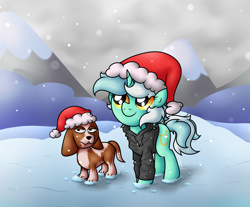 Size: 3360x2785 | Tagged: safe, artist:background basset, derpibooru import, lyra heartstrings, dog, pony, unicorn, basset hound, christmas, clothes, cute, dig the swell hoodie, happy, hat, holiday, hoodie, lyrabetes, mountain, santa hat, smiling, snow