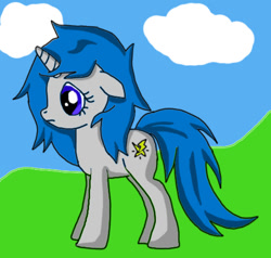 Size: 481x457 | Tagged: safe, derpibooru import, unicorn, blue hair, cloud, cutie mark, female, full body, mare, solo, standing, tail