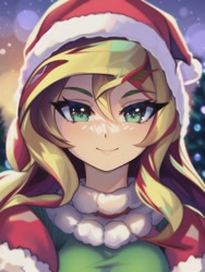 Size: 512x682 | Tagged: safe, derpibooru import, editor:sammykun, generator:novelai, generator:stable diffusion, machine learning generated, sunset shimmer, human, beautiful, bust, christmas, clothes, green eyes, hat, holiday, humanized, looking at you, portrait, santa hat, smiling, smiling at you