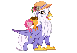 Size: 3722x2572 | Tagged: safe, artist:arcticwindsbases, artist:besttubahorse, artist:idkhesoff, derpibooru import, cheese sandwich, pinkie pie, oc, oc only, oc:gerbera, earth pony, hippogriff, pony, 2023 community collab, base used, cheesepie, chest fluff, cute, derpibooru community collaboration, female, flower, hat, hippogriff oc, male, mare, open mouth, plushie, shipping, simple background, solo, stallion, straight, sun hat, transparent background