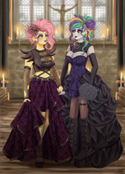 Size: 3100x4300 | Tagged: safe, artist:lucy-tan, derpibooru import, fluttershy, rarity, equestria girls, :p, alternate hairstyle, boots, choker, church, clothes, commission, cross, dress, duo, ear piercing, earring, evening gloves, eyeshadow, female, fingerless elbow gloves, fingerless gloves, fishnet clothing, fishnets, flarity, flower, flower in hair, fluttergoth, gloves, high heel boots, jewelry, lesbian, lipstick, long gloves, makeup, midriff, nail polish, necklace, one eye closed, piercing, punk, raripunk, rose, shipping, shoes, skirt, spiked choker, stockings, thigh highs, tongue, tongue out, wink